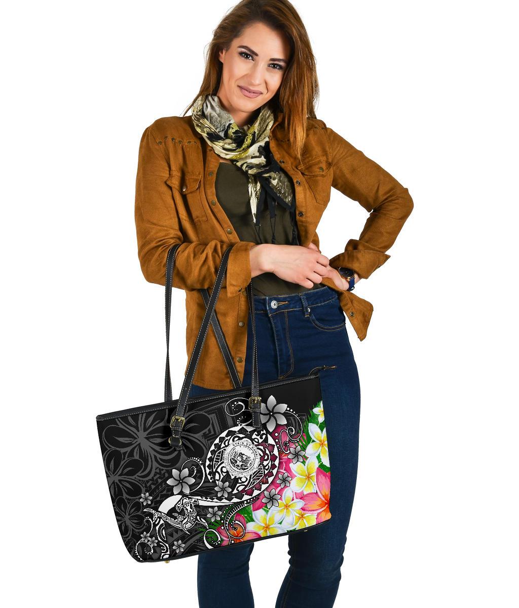 Hawaii Polynesian Large Leather Tote Bag - Hawaii Seal With Turtle Plumeria (Black) - Polynesian Pride