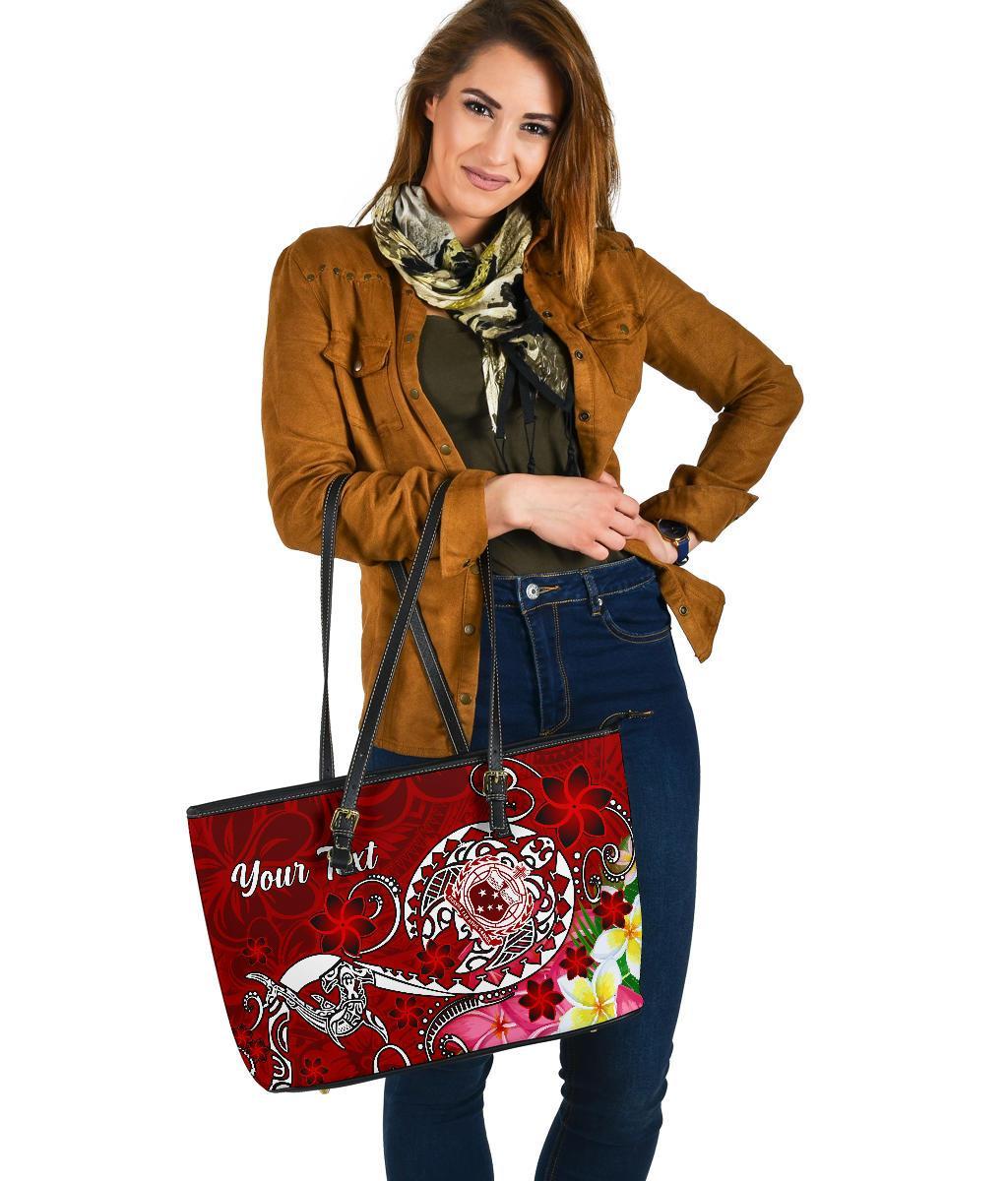 Samoa Custom Personalised Large Leather Tote Bag - Turtle Plumeria (Red) - Polynesian Pride