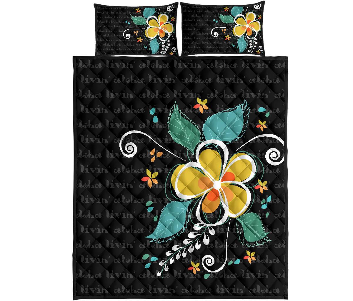 Hawaii Quilt Bed Set - Aloha Hibiscus Art Quilt Bed Set Black - Polynesian Pride