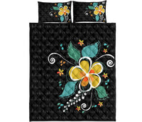 Hawaii Quilt Bed Set - Aloha Hibiscus Art Quilt Bed Set Black - Polynesian Pride