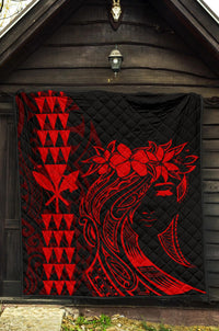 Hawaii Map Kanaka Polynesian Hula Girl Premium Quilt - Red - Polynesian Pride
