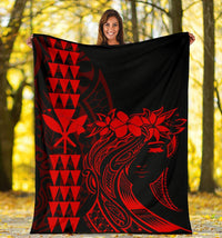 Hawaii Map Kanaka Polynesian Hula Girl Premium Blanket - Red - Polynesian Pride