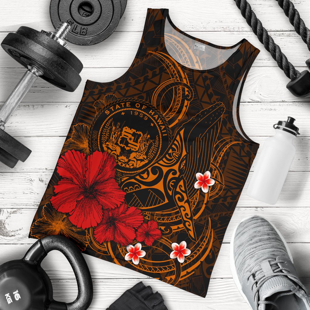 Polynesian Hawaii Men's Tank Top - Humpback Whale with Hibiscus (Golden) Golden - Polynesian Pride