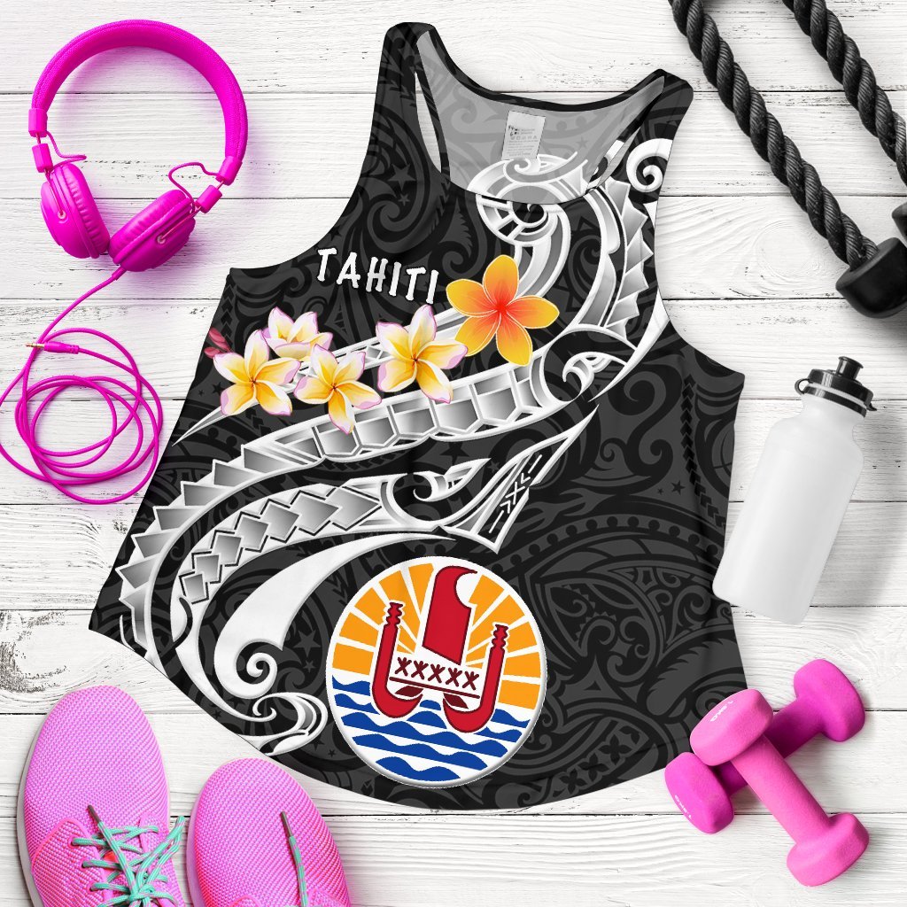 Tahiti Women's Racerback Tank - Tahiti Seal Polynesian Patterns Plumeria (Black) Black - Polynesian Pride
