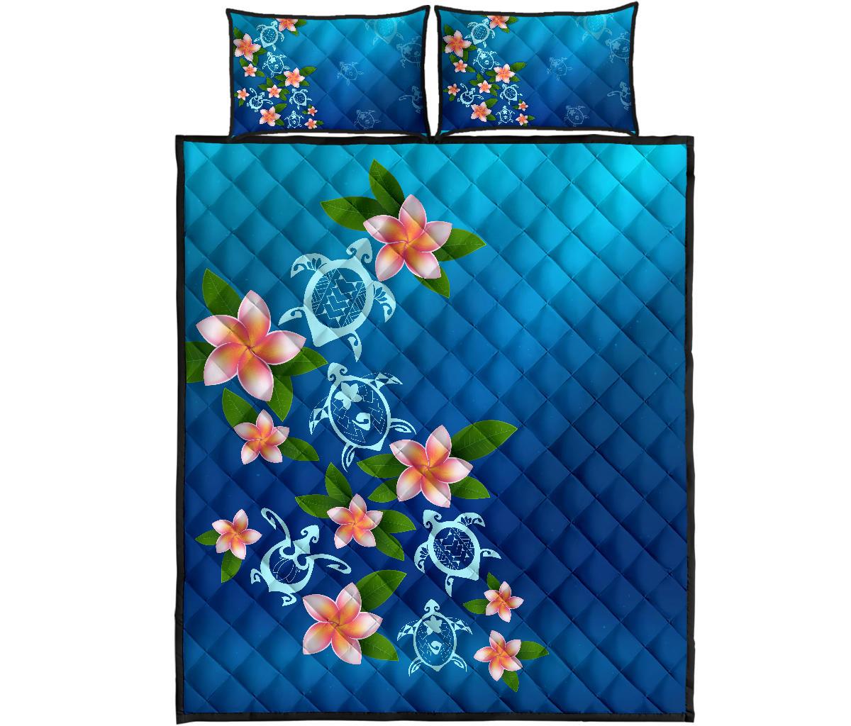 Turtle Polynesian Plumeria Quilt Bed Set Blue - Polynesian Pride