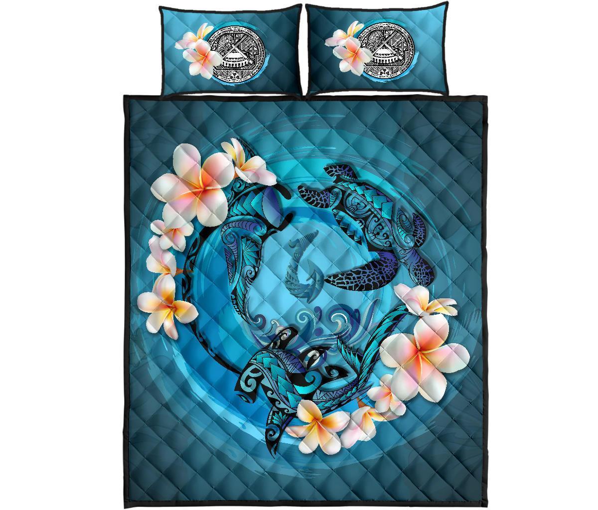 American Samoa Polynesian Quilt Bed Set - Blue Plumeria Animal Tattoo - Polynesian Pride