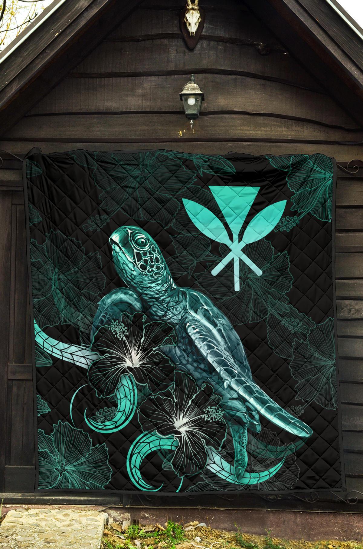 Hawaii Polynesian Premium Quilt - Turtle With Blooming Hibiscus Turquoise - Polynesian Pride