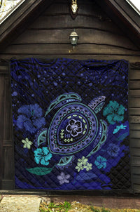 Hawaiian Blue Ocean Honu And Flowers Premium Quilt - Polynesian Pride