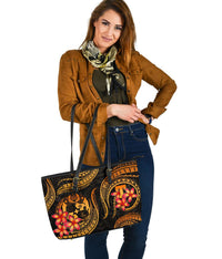 Tonga Polynesian Large Leather Tote Bag - Gold Plumeria - Polynesian Pride