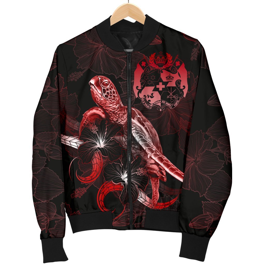 Tonga Polynesian Men's Bomber Jacket - Turtle With Blooming Hibiscus Red - Polynesian Pride
