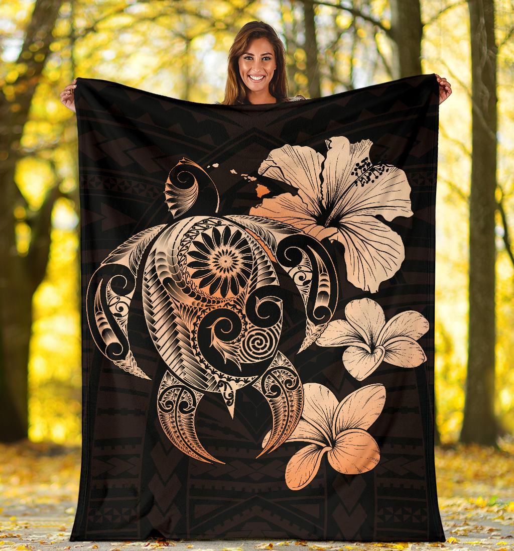 Hibiscus Plumeria Mix Polynesian Orange Turtle Premium Blanket - Polynesian Pride