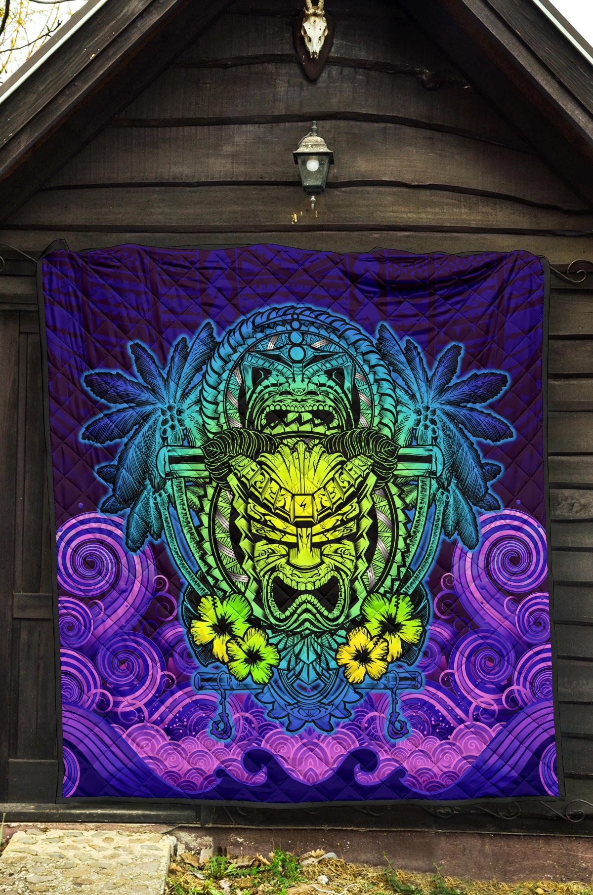 Hawaii Polynesian Premium Quilt - Hawaiian Green Yellow Tiki Face (Purple) - Polynesian Pride