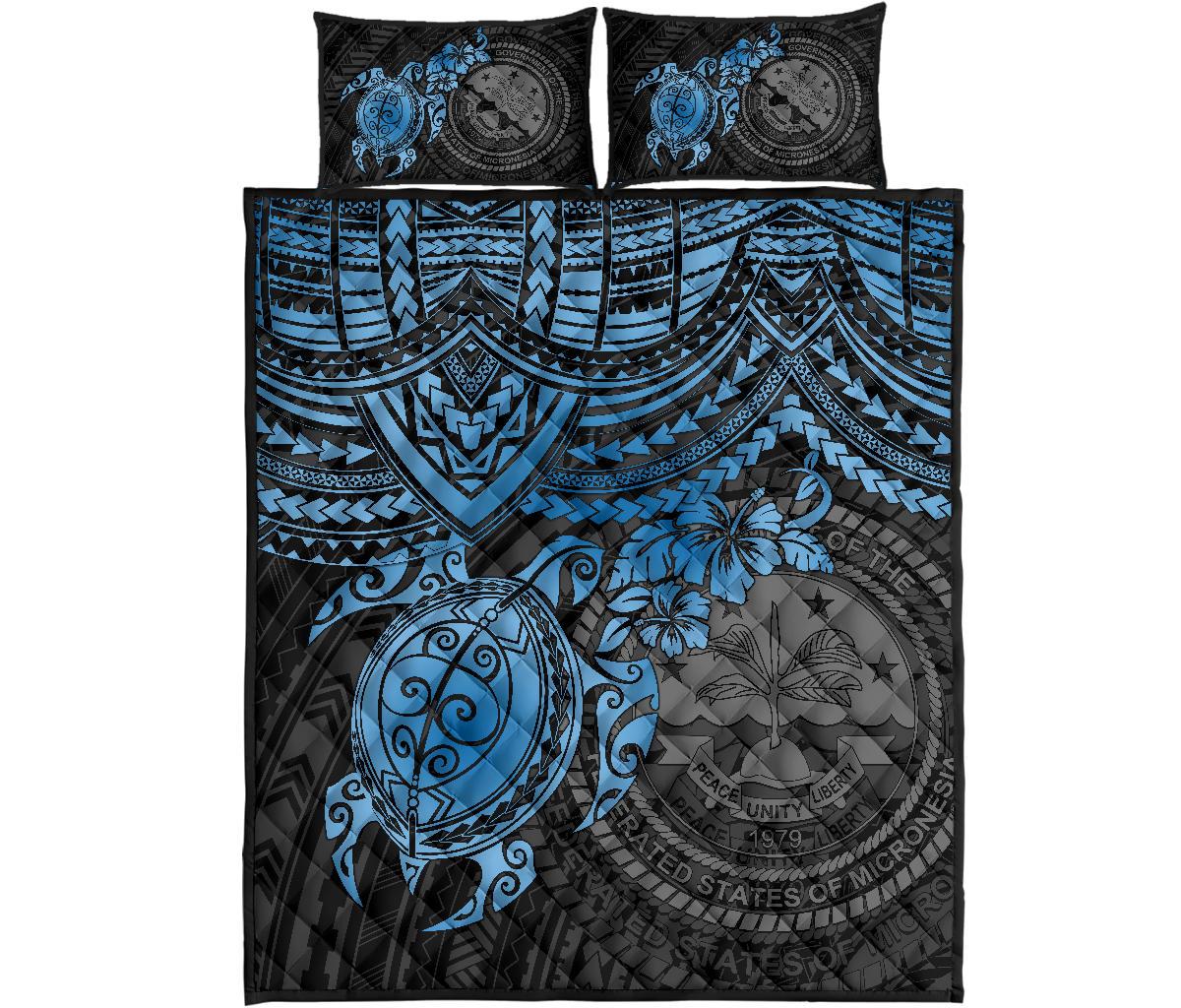 Federated States Of Micronesia Quilt Bed Set - Federated States Of Micronesia Seal & Blue Turtle Hibiscus - Polynesian Pride