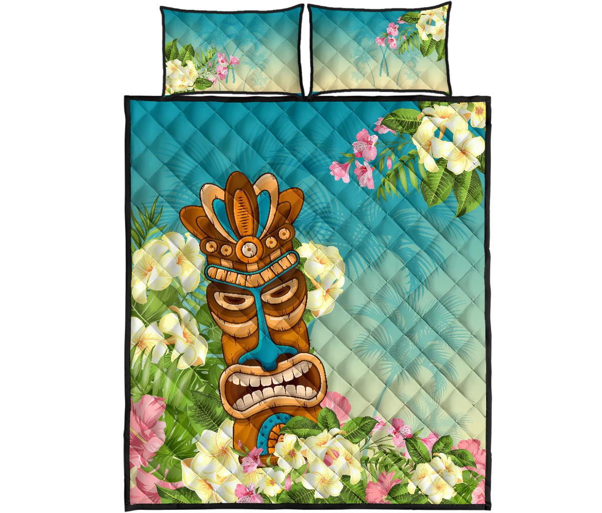 Hawaii Quilt Bed Set - Tiki With Hibiscus Floral - Polynesian Pride