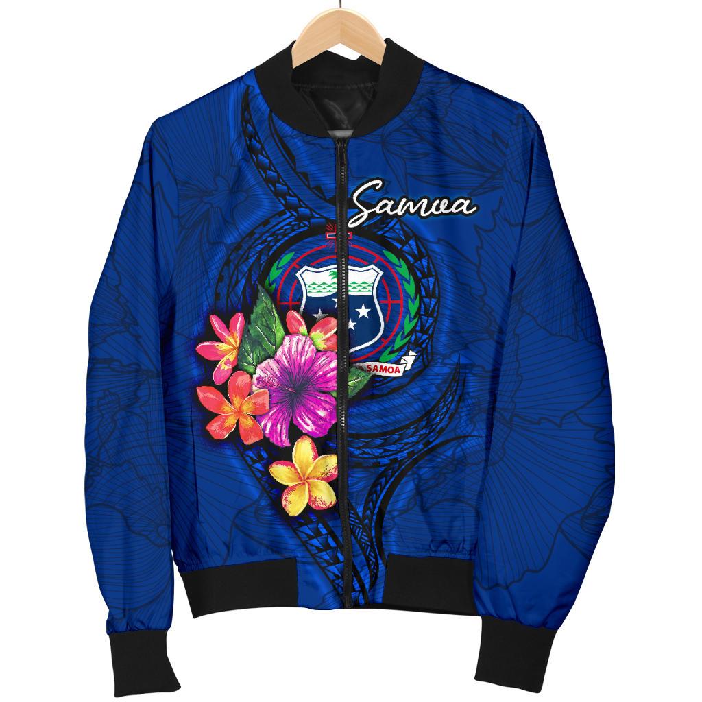 Samoa Polynesian Men's Bomber Jacket - Floral With Seal Blue Blue - Polynesian Pride