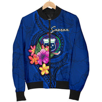 Samoa Polynesian Men's Bomber Jacket - Floral With Seal Blue Blue - Polynesian Pride