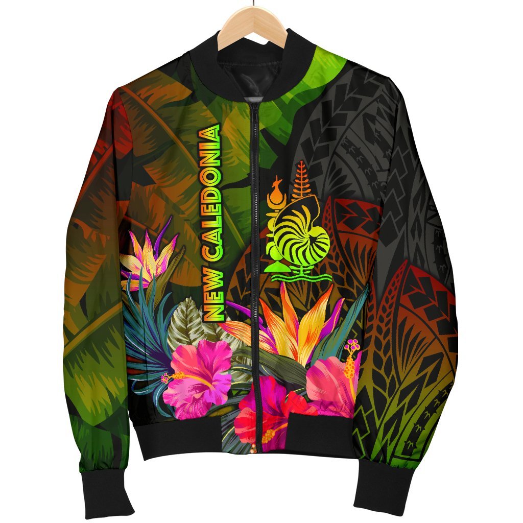 New Caledonia Polynesian Men's Bomber Jacket - Hibiscus and Banana Leaves - Polynesian Pride
