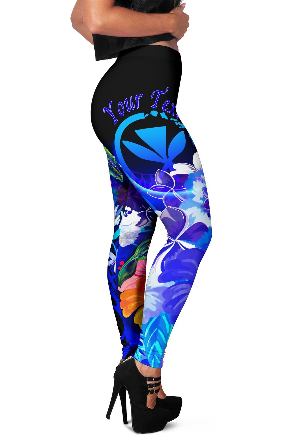 Polynesian Hawaii Custom Personalised Women's Leggings - Kanaka Maoli Humpback Whale with Tropical Flowers (Blue) - Polynesian Pride