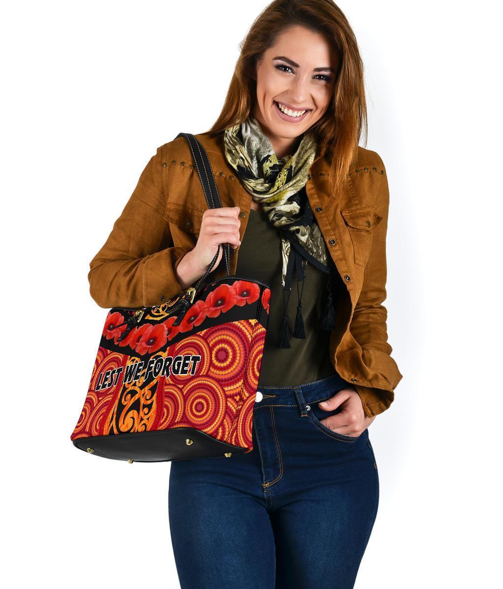 Anzac Lest We Forget Poppy Small Leather Tote New Zealand Maori Silver Fern - Australia Aboriginal - Polynesian Pride