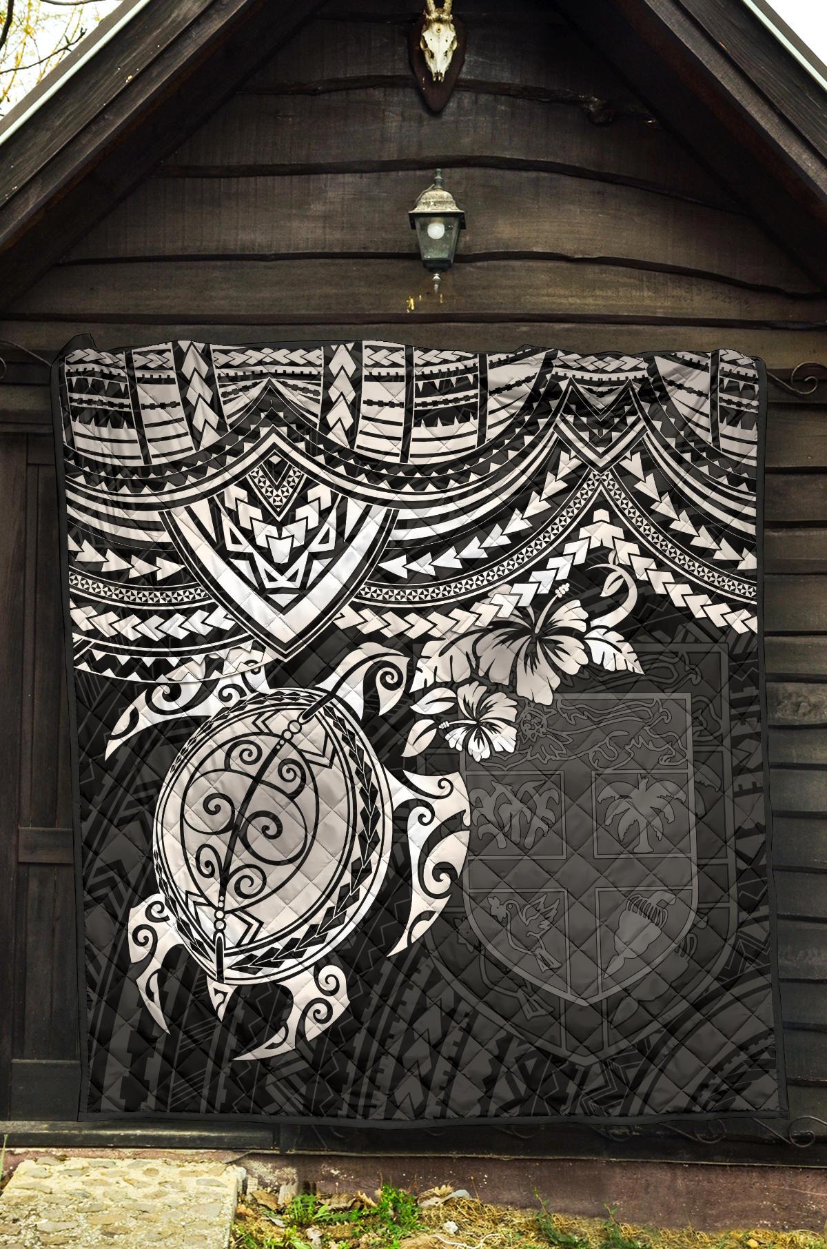 Fiji Polynesian Premium Quilt - Fiji Flag & White Turtle Hibiscus - Polynesian Pride