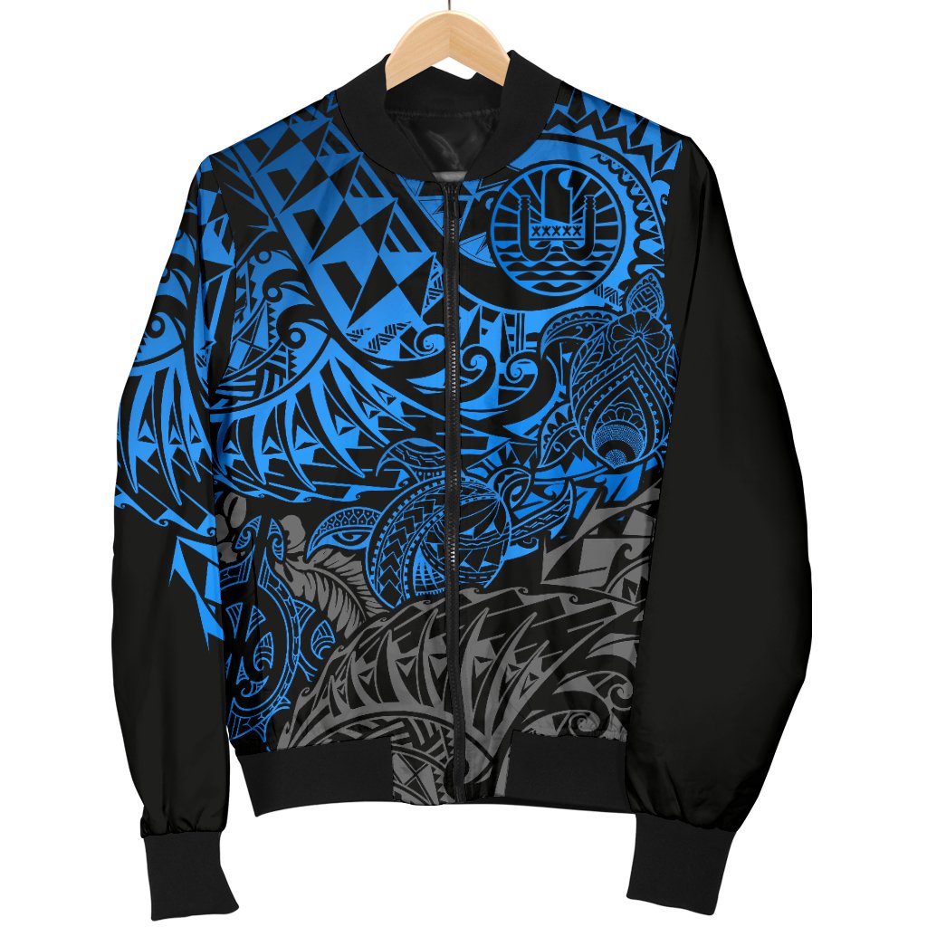 Tahiti Polynesian Men Bomber Jacket - Blue Turtle Hibiscus Flowing - Polynesian Pride