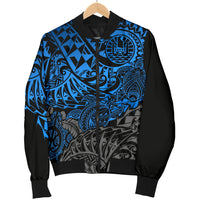 Tahiti Polynesian Men Bomber Jacket - Blue Turtle Hibiscus Flowing - Polynesian Pride