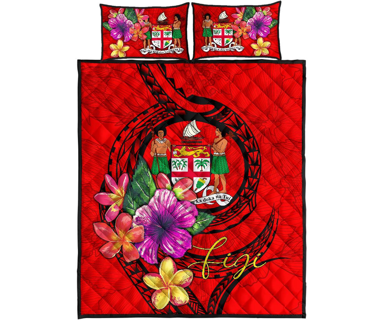 Fiji Polynesian Quilt Bed Set - Floral With Seal Red - Polynesian Pride