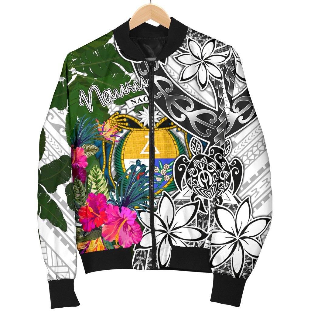Nauru Men's Bomber Jacket White - Turtle Plumeria Banana Leaf Crest - Polynesian Pride