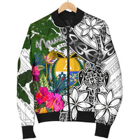 Nauru Men's Bomber Jacket White - Turtle Plumeria Banana Leaf Crest - Polynesian Pride