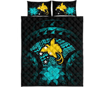 Papua New Guinea Polynesian Quilt Bed Set Hibiscus Turquoise - Polynesian Pride