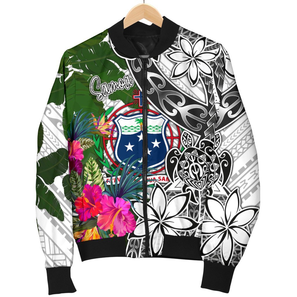 Samoa Men's Bomber Jacket White - Turtle Plumeria Banana Leaf - Polynesian Pride