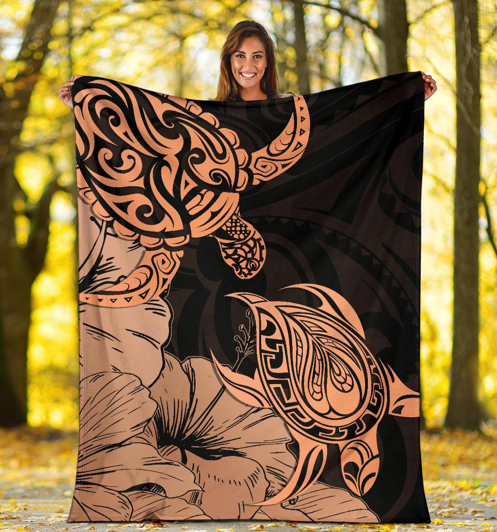 Hawaii Turtle Premium Blanket Polynesian Hibiscus Art Orange AH - Polynesian Pride