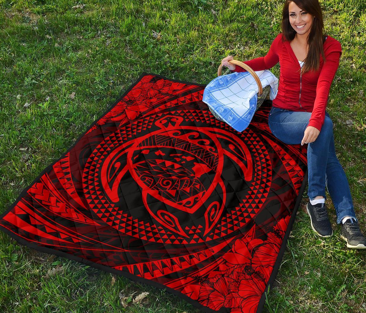 Hawaiian Kanaka Honu Hibiscus Tornando Red Polynesian Premium Quilt - Polynesian Pride