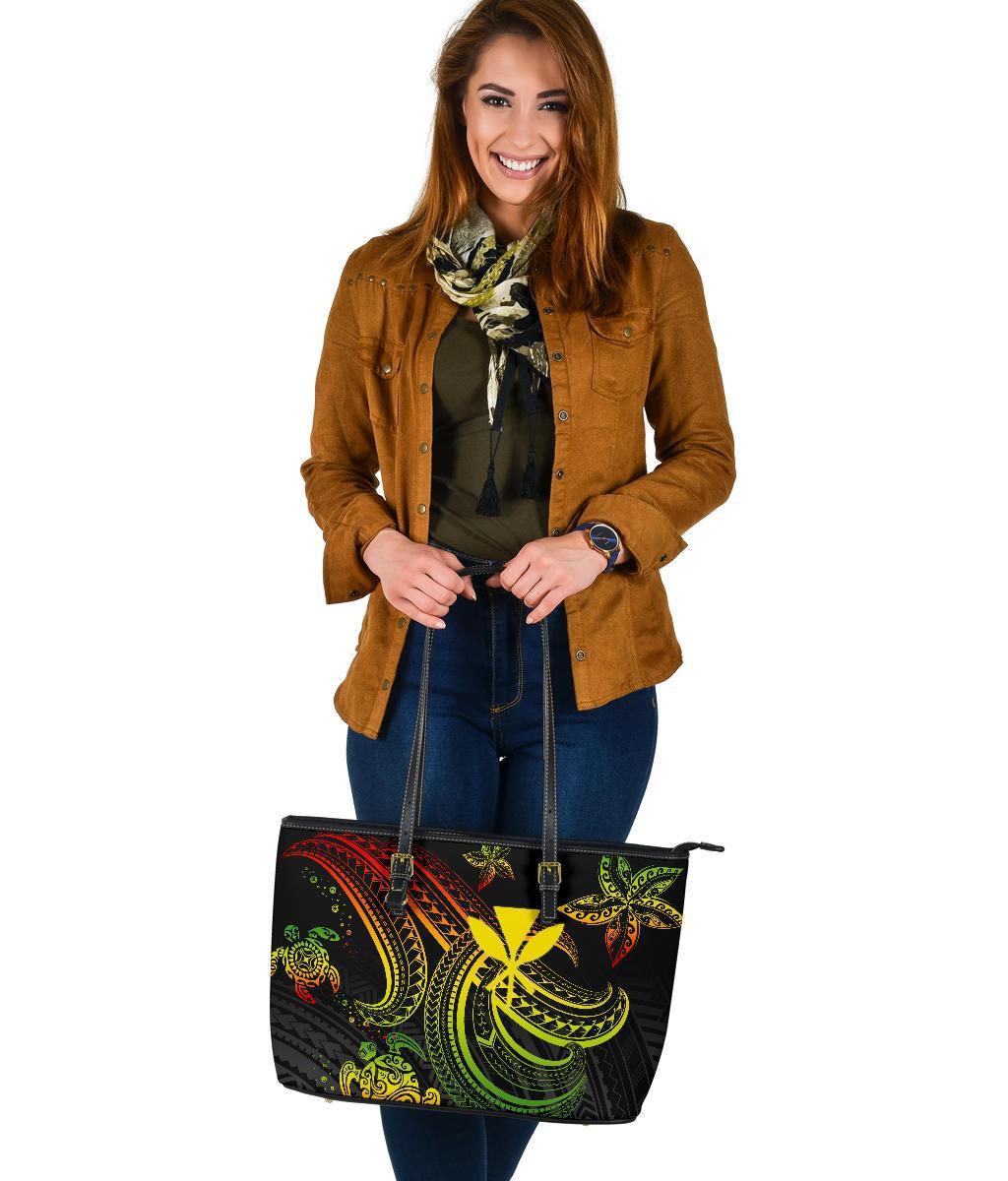 Hawaii Large Leather Tote Bag - Reggae Turtle - Polynesian Pride