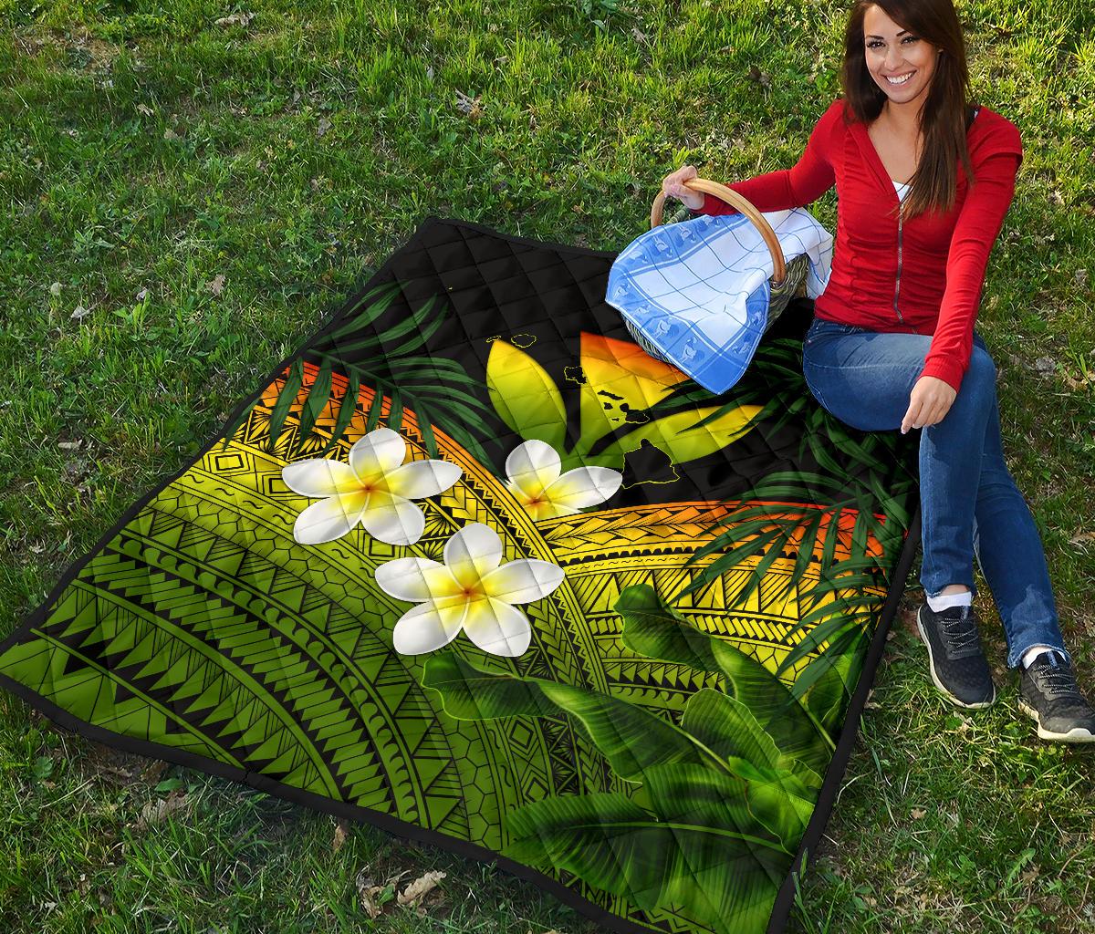 Kanaka Maoli (Hawaiian) Premium Quilt, Polynesian Plumeria Banana Leaves Reggae - Polynesian Pride