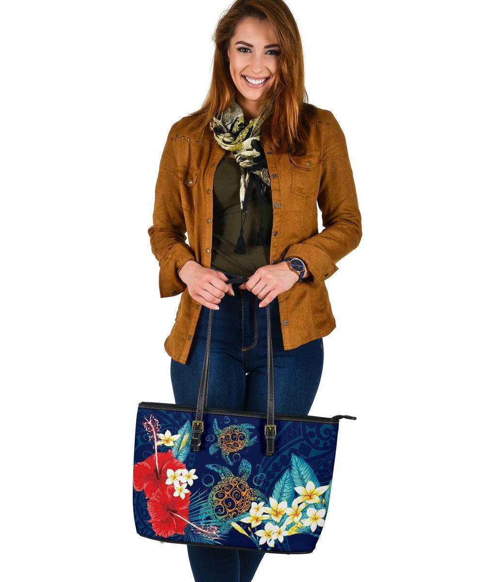 Hawaii Turtle Hibiscus Polynesian Large Tote Bag - Blue - Edna Style - AH - Polynesian Pride