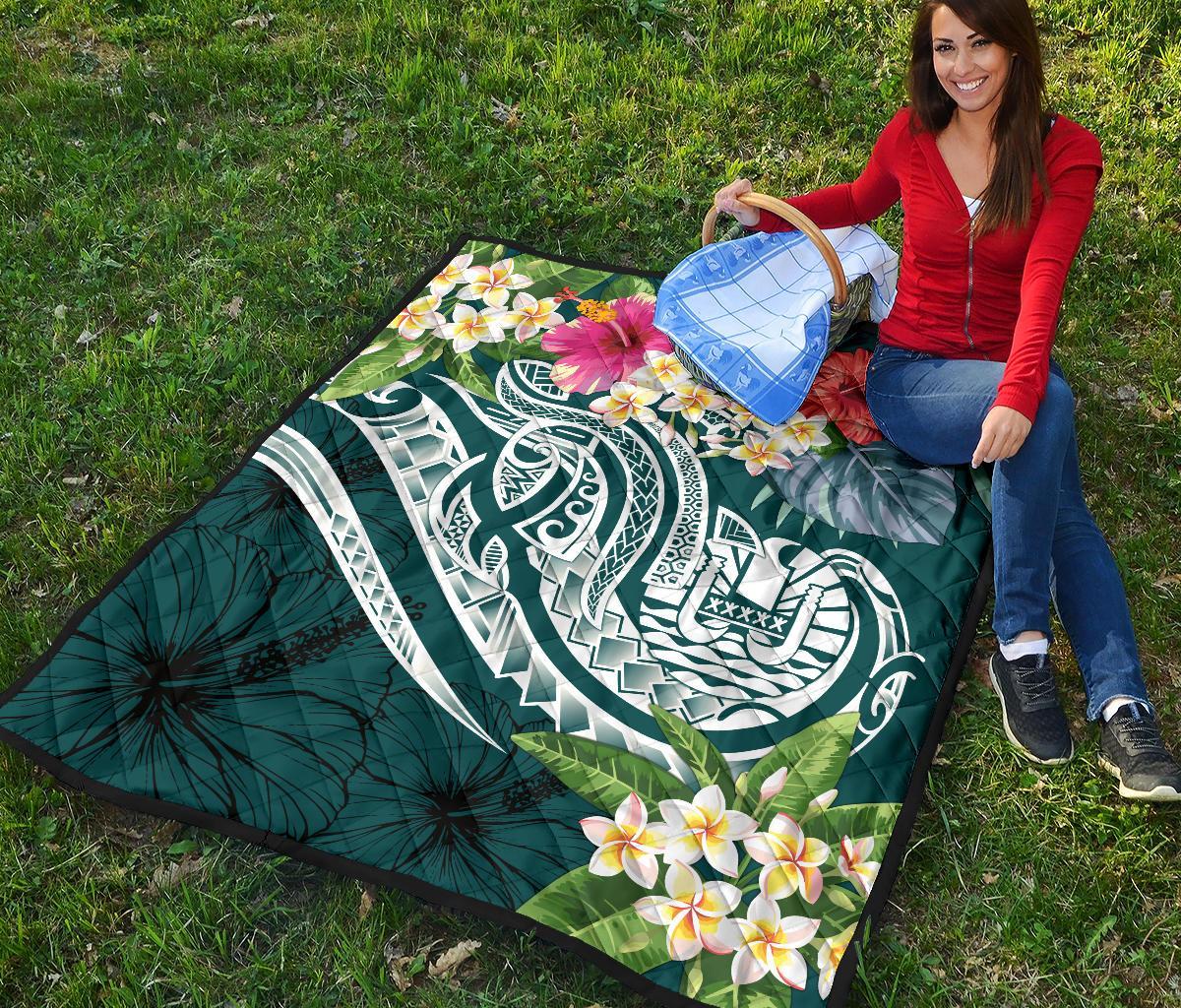 Tahiti Polynesian Premium Quilt - Summer Plumeria (Turquoise) - Polynesian Pride
