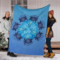 Hawaii Turtle Hibiscus Blue Premium Blanket - Polynesian Pride