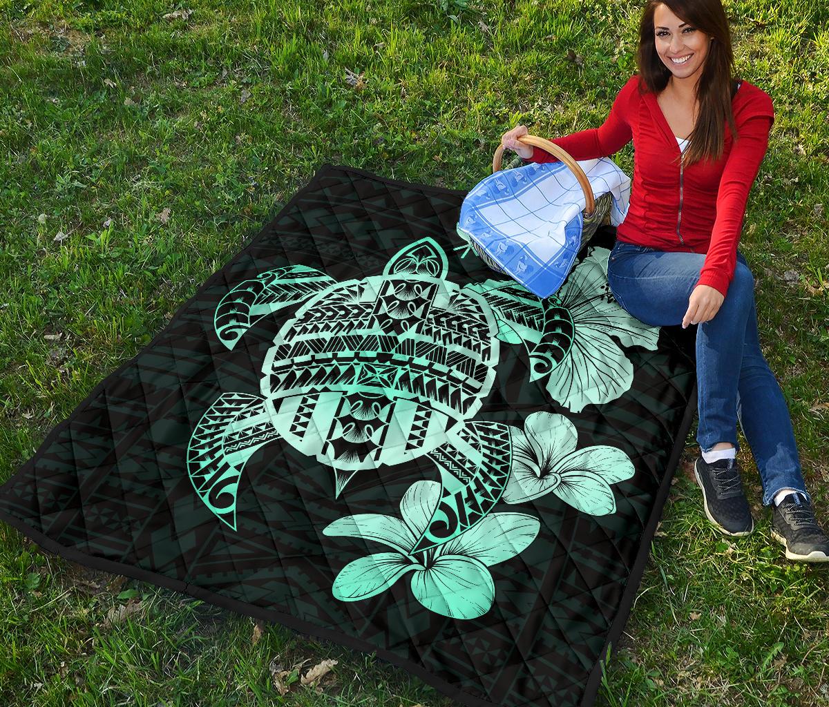 Hawaiian Kanaka Hibiscus Plumeria Mix Polynesian Turtle Premium Quilt Turquoise AH - Polynesian Pride