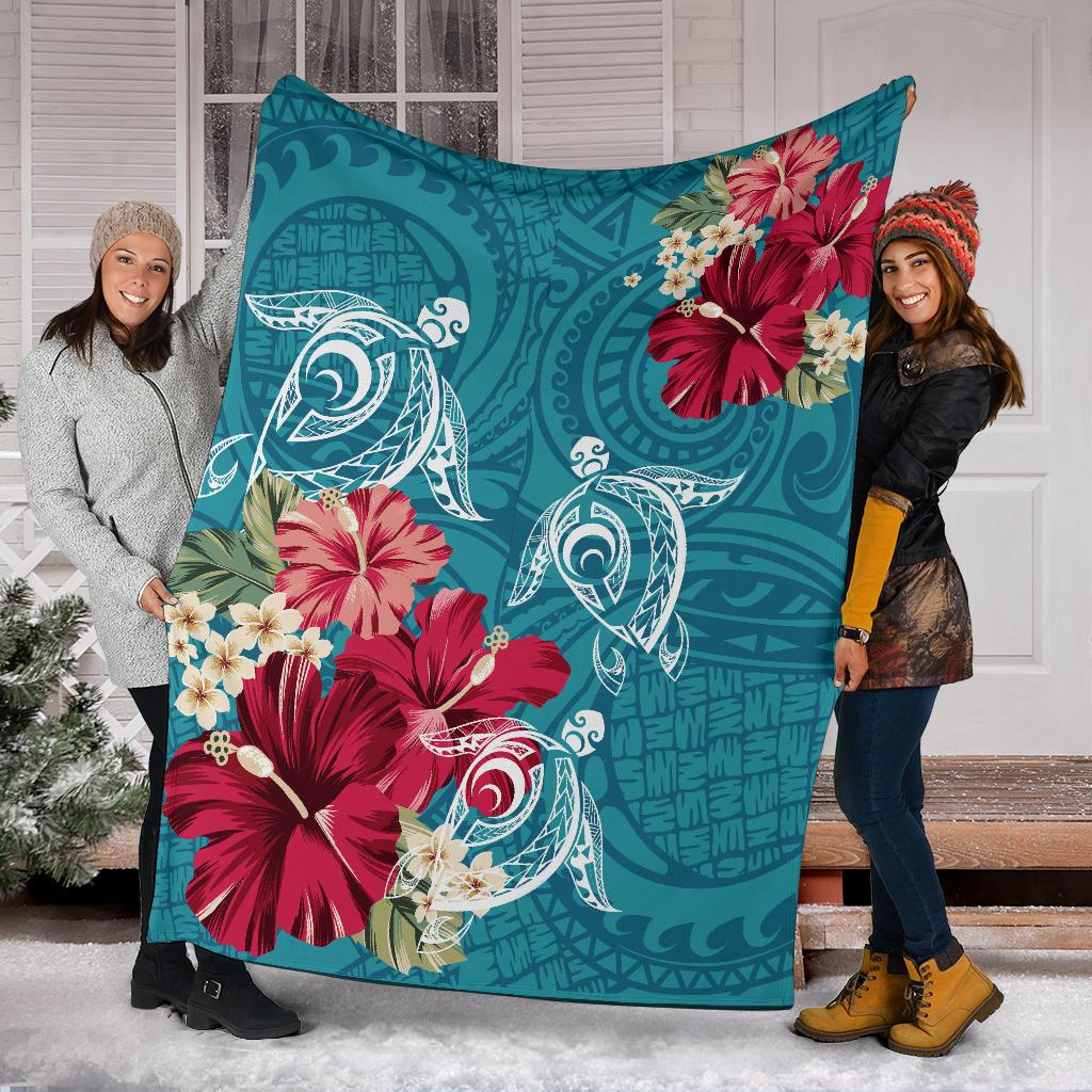Hawaii Turtle Hibiscus Plumeria Blue Polynesian - Premium Blanket AH - Polynesian Pride