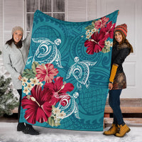 Hawaii Turtle Hibiscus Plumeria Blue Polynesian - Premium Blanket AH - Polynesian Pride