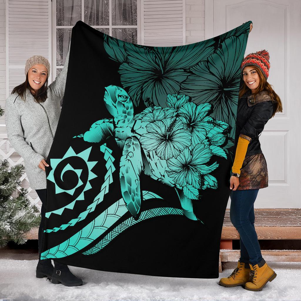 Hawaii Turtle Hibiscus Polynesian Vintage Premium Blanket - Turquoise - Polynesian Pride