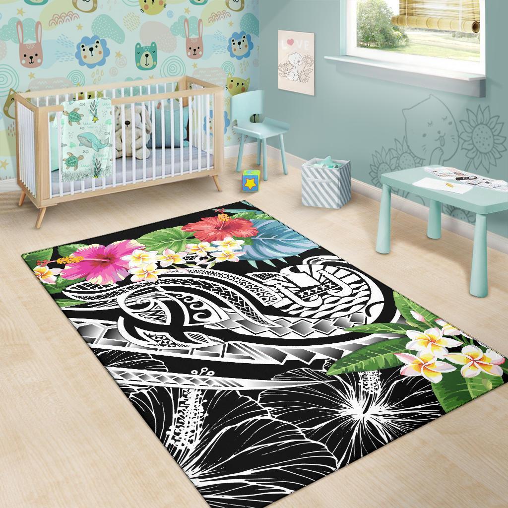 Tahiti Polynesian Area Rug - Summer Plumeria (Black) - Polynesian Pride