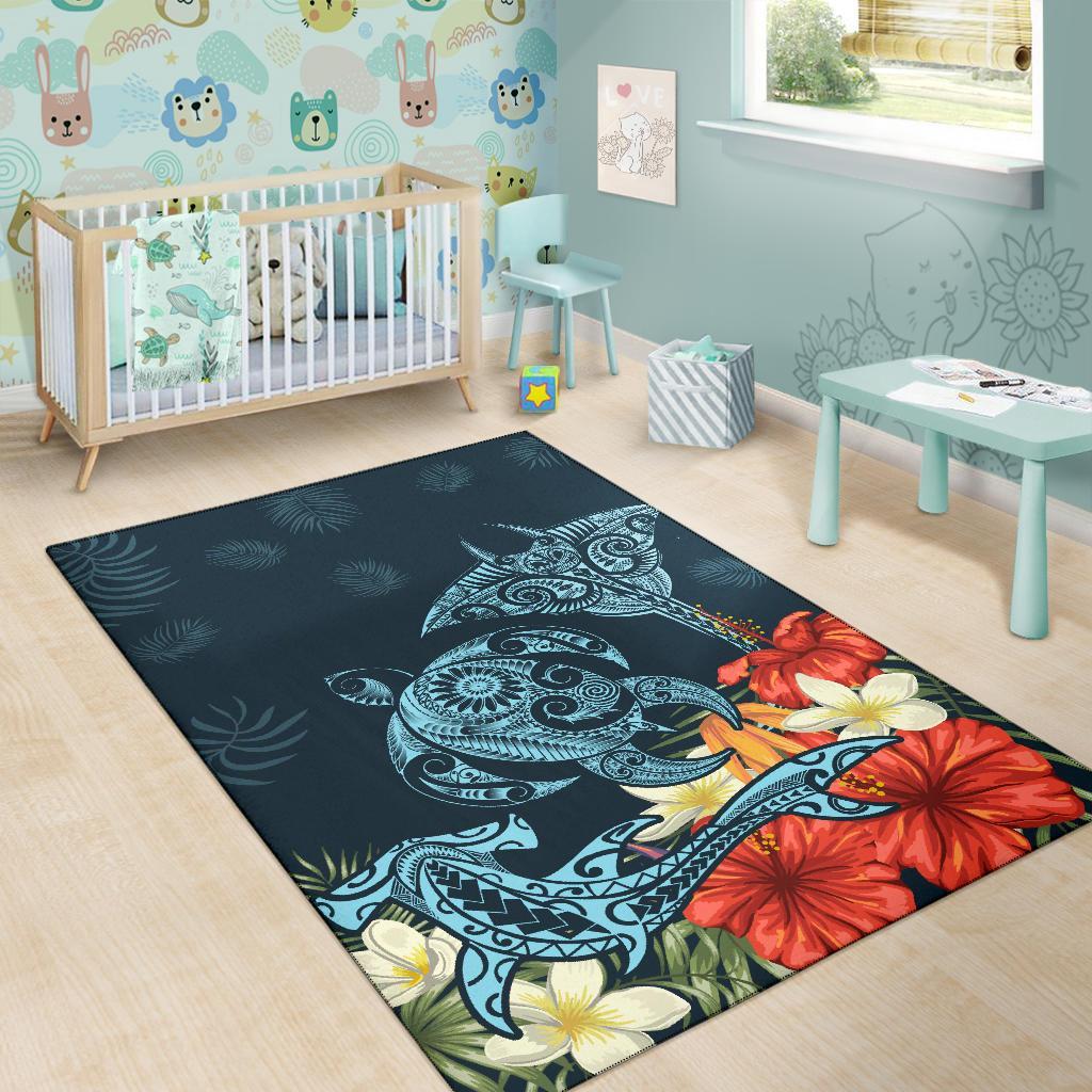 Hawaii Turtle Shark Manta Ray Hibiscus Plumeria Rug - Polynesian Pride