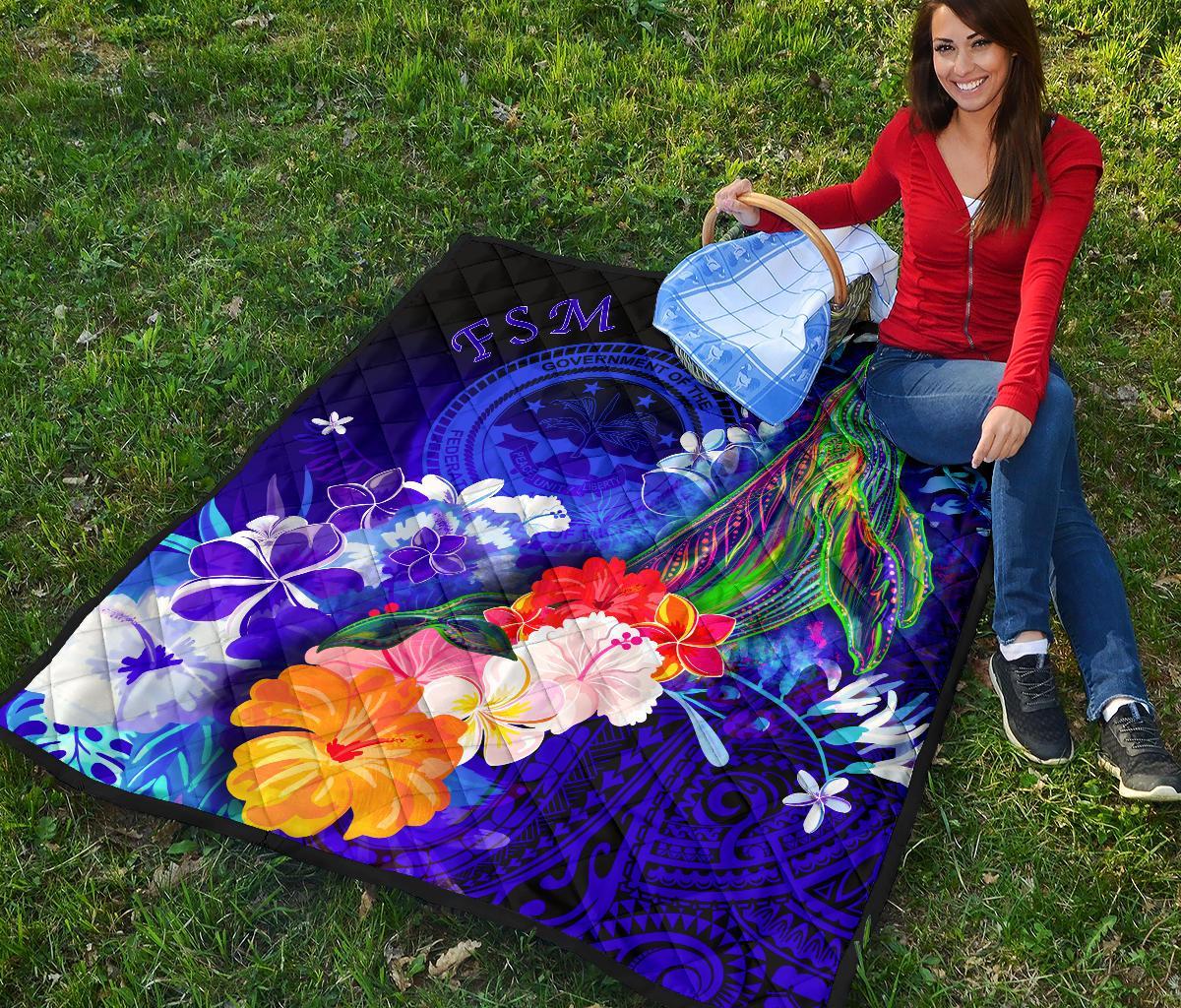 Federated States of Micronesia Premium Quilts - Humpback Whale with Tropical Flowers (Blue) - Polynesian Pride