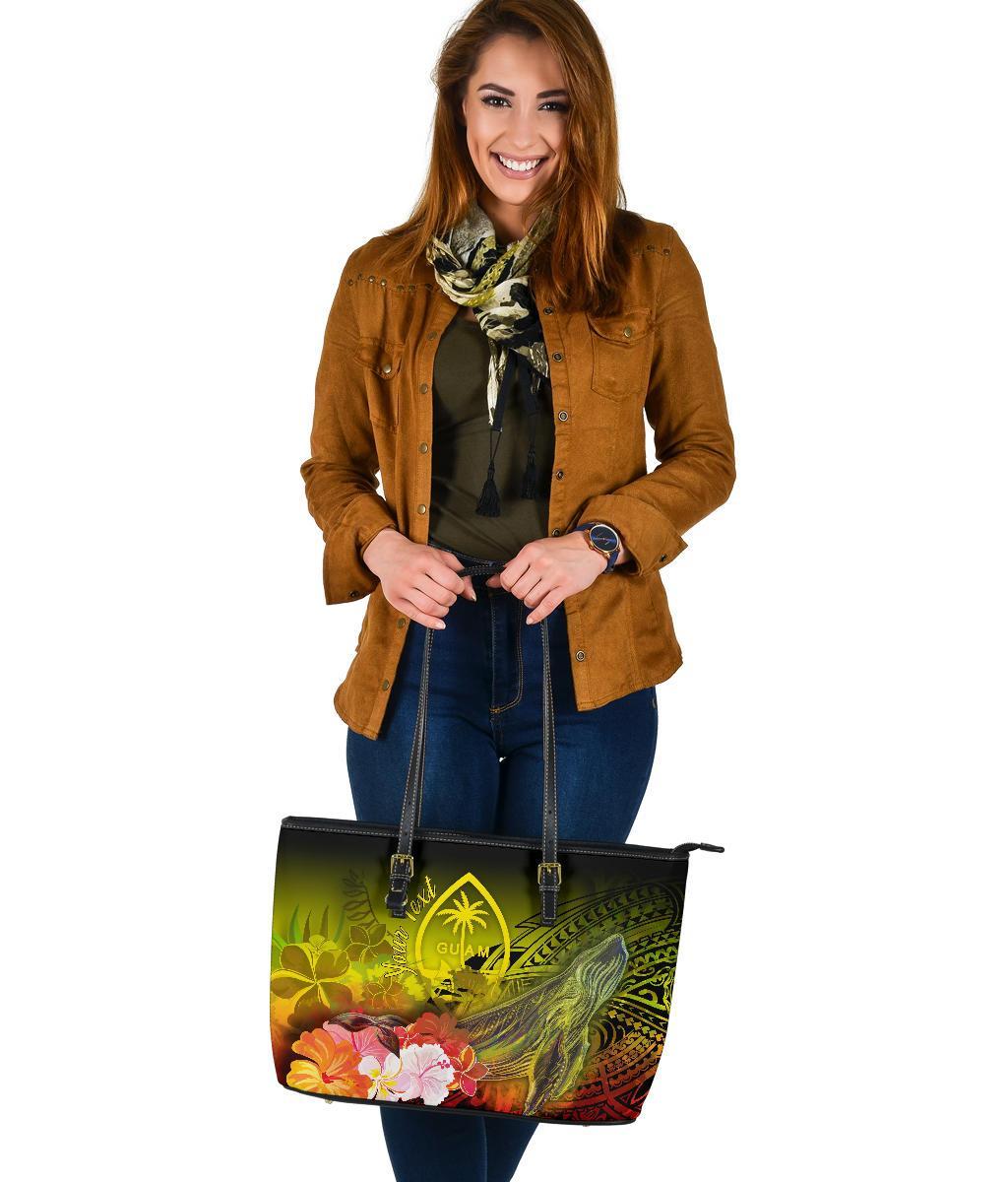 Guam Custom Personalised Leather Tote Bags - Humpback Whale with Tropical Flowers (Yellow) - Polynesian Pride