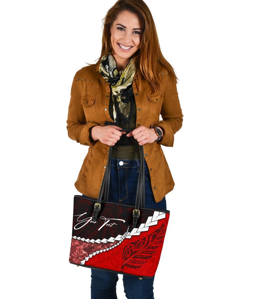 (Signature Custom) Paua Shell, Maori Silver Fern Leather Tote Bag, Red - Polynesian Pride