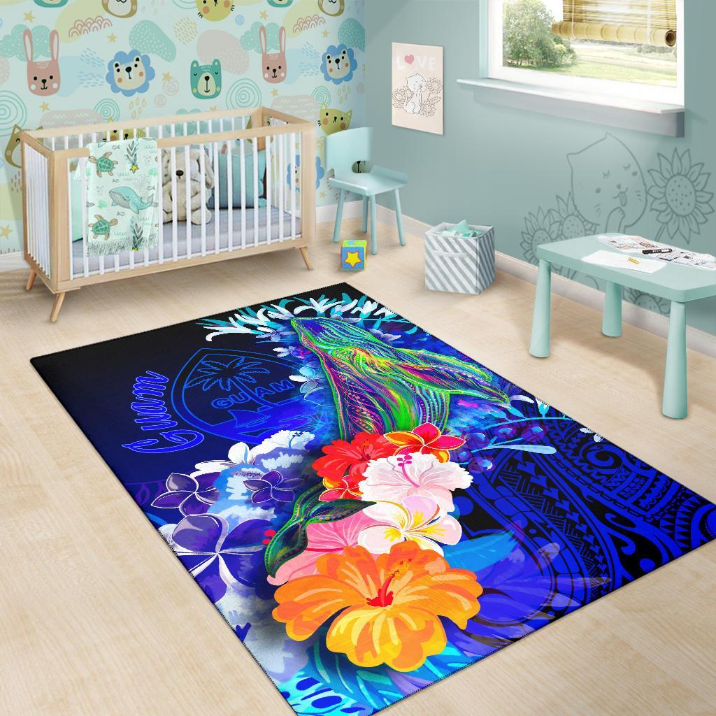 Guam Area Rug - Humpback Whale with Tropical Flowers (Blue) - Polynesian Pride