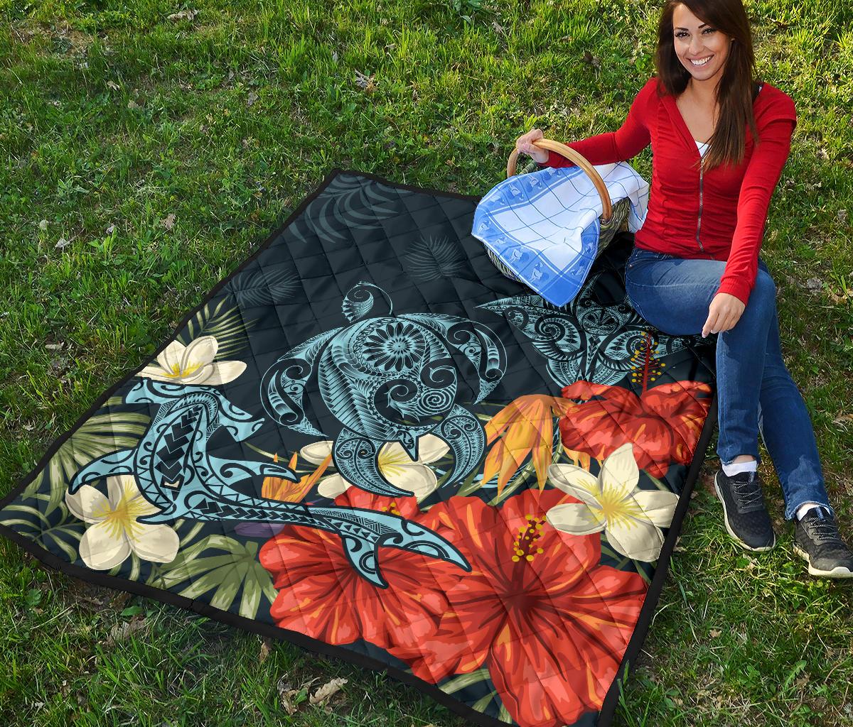 Hawaii Turtle Shark Manta Ray Hibiscus Plumeria Premium Quilt - Polynesian Pride