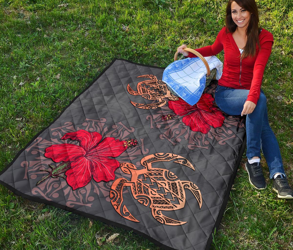 Hawaii Turtle Hibiscus Polynesian Premium Quilt - Khoi Style - AH - Polynesian Pride